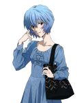  adjusting_hair ayanami_rei bag blue_hair bow casual dress fashion highres looking_at_viewer neon_genesis_evangelion official_art scan short_hair smile solo watch white_background wristwatch 