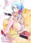  1girl blue_hair glasses headphones headphones_around_neck ipad kneehighs long_hair looking_at_viewer low_twintails mahaya pink_legwear sitting smartphone smile solo symbol-shaped_pupils twintails yellow_eyes 