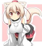  :&lt; all_fours animal_ears bare_shoulders bent_over black_legwear blonde_hair breasts brown_hair detached_sleeves highres inubashiri_momiji large_breasts mii pink_background red_eyes simple_background solo tail thighhighs touhou wolf_ears wolf_tail 
