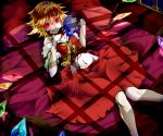  ascot bed blonde_hair blood crazy_eyes dress flandre_scarlet looking_at_viewer lying midriff navel no_hat no_headwear ohtanian on_back red_dress red_eyes skull smile solo touhou wings 