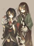  2girls animal black_hair bow brown_eyes brown_hair checkered checkered_scarf dress futatsuiwa_mamizou futatsuiwa_mamizou_(human) glasses hands_in_pockets hisona_(suaritesumi) houjuu_nue leaf leaf_on_head long_hair long_sleeves looking_at_another multiple_girls obi one_eye_closed open_mouth pants pom_pom_(clothes) red_eyes sash scarf short_hair simple_background smile snake thigh-highs touhou vest wide_sleeves wings wrist_cuffs zettai_ryouiki 