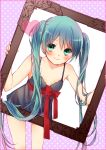  ami7 bare_shoulders blue_eyes blue_hair blush camisole hatsune_miku heart highres long_hair picture_frame solo twintails very_long_hair vocaloid 
