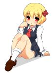  :o ascot ass blonde_hair blush crayon_(medium) fountain_pen_(medium) hair_ribbon hand_to_head highres kyokutou_hentai_samurai long_sleeves looking_at_viewer open_mouth red_eyes ribbon rumia shirt shoes short_hair simple_background sitting skirt skirt_set socks solo touhou traditional_media vest white_background white_legwear 