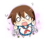  brown_hair chibi dental flower miyanaga_saki o_o open_arms open_mouth saki school_uniform serafuku short_hair smile solo 