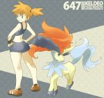  1girl aqua_eyes ass back bare_arms bare_legs bike_shorts crop_top from_behind green_eyes highres kasumi_(pokemon) keldeo kneepits midriff orange_hair pokemon pokemon_(creature) pokemon_(game) shoes short_ponytail shorts side_ponytail smile sneakers souji standing tank_top two-tone_background wide_hips 