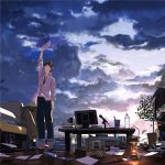  arm_up barefoot bed black_hair breath cage chair cloud clouds copyright_request desk floor folded_glasses glasses jeans kurono-kuro lantern leaf letter love_letter monitor paper short_hair sky solo speaker 