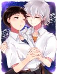  :o arm_around_shoulder belt brown_eyes dress_shirt hands_clasped ikari_shinji multiple_boys musical_note musical_staff nagisa_kaworu nanami_nana neon_genesis_evangelion pants red_eyes school_uniform shirt short_hair silver_hair sky smile star_(sky) starry_sky yaoi 