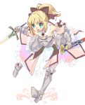  ahoge armor armored_dress bare_shoulders blonde_hair bow caliburn detached_sleeves dress fate/stay_night fate/unlimited_codes fate_(series) gauntlets green_eyes hair_bow ponytail rikovui saber saber_lily sheath solo sword weapon 