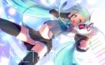  :d aqua_eyes aqua_hair bare_shoulders black_legwear detached_sleeves hand_on_headphones hatsune_miku headset ivioss long_hair midriff necktie open_mouth outstretched_arm panties pantyshot skirt smile solo striped striped_panties thigh-highs thighhighs twintails underwear very_long_hair vocaloid 