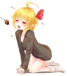  &lt;3 ahoge all_fours blonde_hair blush cake collarbone down_blouse fang feeding food fork hair_ribbon half-closed_eyes heart long_sleeves nail_polish naked_sweater open_mouth red_eyes ribbon rumia sakuyabm short_hair socks solo sweater touhou white_legwear 