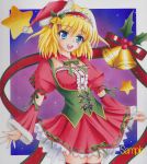  alice_margatroid belt blonde_hair blue_eyes breasts christmas cleavage corset dress hairband hat millipen_(medium) munmu open_mouth ribbon sample santa_costume santa_hat short_hair smile solo star touhou traditional_media 