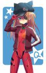  animal_hat badge blue_eyes blush brown_hair cat_hat evangelion:_3.0_you_can_(not)_redo eyepatch hand_in_pocket hat hat_tip long_hair neon_genesis_evangelion open_clothes open_jacket plugsuit rebuild_of_evangelion shikinami_asuka_langley solo sonsoso soryu_asuka_langley souryuu_asuka_langley star track_jacket 