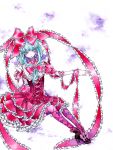  aqua_eyes aqua_hair arm_ribbon bow corset frilled_skirt frills front_ponytail hair_bow hair_ornament hair_ribbon high_heels kagiyama_hina layered_skirt long_hair miri pencil pink_legwear ribbon shoes short_sleeves sitting smile solo touhou traditional_media watercolor_(medium) 