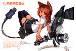  android animal_ears artist_name black_legwear brown_eyes brown_hair cable dress_shirt fake_animal_ears floating gun long_hair mecha minigun nancou_(nankou) open_mouth original ringed_eyes shirt skirt solo tail thigh-highs thighhighs usb weapon 