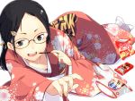  :d black_eyes black_hair collarbone glasses hair_ornament hairclip holding japanese_clothes kimono long_hair lying open_mouth original pirlo pocky smile solo tabi white_background 