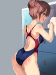  azu_(azzz) brown_hair competition_swimsuit hair_bun highres lockers looking_back one-piece_swimsuit original short_hair sink swimsuit towel 