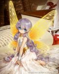  artist_name bare_shoulders barefoot blue_eyes book butterfly_wings character_name dress fairy janemere jewelry light_particles long_hair minigirl necklace pointy_ears silver_hair sitting solo tenkuu_no_crystalia very_long_hair watermark wings 