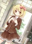  1girl blonde_hair blush book bow hair_bow hands_together long_sleeves necktie open_window red_eyes rumia short_hair skirt skirt_set smile solo touhou tree window yuuhagi_(amaretto-no-natsu) 