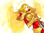  aleron angel armor blonde_hair breastplate breasts gauntlets halo highres kayle kumiko_(aleron) league_of_legends long_hair pauldrons solo sword weapon wings yellow_eyes 