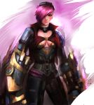  armor breasts cleavage collar freckles gauntlets goggles hair_over_one_eye jacket league_of_legends lips pink_hair purple_hair red_eyes short_hair solo vi vi_(league_of_legends) yy6242 