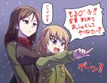  &gt;:d :d blonde_hair blue_eyes breasts brown_hair e20 fang girls_und_panzer katyusha long_hair military military_uniform multiple_girls nonna open_mouth outstretched_arm pointing short_hair smile snowing speech_bubble translated translation_request tsurime uniform 