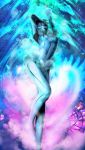  abstract abstract_background beads blue_skin bodysuit character_request glowing glowing_eyes helmet highres mythology nyarko persona persona_2 solo venus venus_(persona_2) 