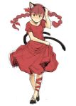  animal_ears blush braid brown_eyes cat_ears cat_tail dress extra_ears kaenbyou_rin long_hair looking_at_viewer multiple_tails pointy_ears red_eyes red_hair redhead simple_background smile solo tail touhou twin_braids twintails white_background yudepii 