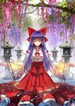  alternate_hair_color closed_eyes eyes_closed flower hair_tubes hakurei_reimu hakurei_reimu_(pc-98) hand_holding highres holding_hands japanese_clothes jeanex long_hair partially_submerged petals purple_hair solo touhou touhou_(pc-98) water wisteria 