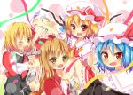  bandage bandages bat_wings black_dress blonde_hair blue_hair blush bow carrying chain chains dress fang fangs flandre_scarlet hair_bow hair_ribbon hat hat_ribbon horn_ribbon horns ibuki_suika long_hair looking_at_viewer low-tied_long_hair multiple_girls necktie open_mouth puffy_sleeves raised_fist red_eyes remilia_scarlet ribbon rumia shackle shirt short_hair short_sleeves shoulder_carry siblings sisters skirt skirt_set smile touhou wings wink yellow_eyes yuimari 