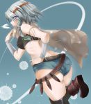  ass bare_shoulders belt boots braid breasts cape character_name denim denim_shorts diohazard from_behind hand_on_hip headband izayoi_sakuya knife purple_eyes short_shorts shorts silver_hair solo touhou twin_braids violet_eyes wrist_guards 