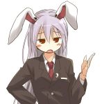  animal_ears bunny_ears hand_on_hip long_hair necktie no_nose open_mouth purple_hair rabbit_ears red_eyes reisen_udongein_inaba simple_background solo touhou very_long_hair white_background yudepii 