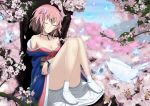  absurdres bare_shoulders breasts butterfly cherry_blossoms cleavage closed_eyes eyes_closed flower hair_flower hair_ornament highres japanese_clothes kimono lemoo neck_ribbon obi off_shoulder petals pink_hair revision ribbon saigyouji_yuyuko short_hair sleeping solo tabi touhou tree 