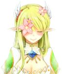  breasts cleavage closed_eyes detached_collar elsword eyepatch eyes_closed flower green_hair hair_flower hair_ornament hairpin long_hair pointy_ears rena_(elsword) sa1008va smile solo white_background 
