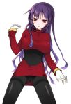  :o akira_(natsumemo) blush breasts gloves large_breasts long_hair natsume_(pokemon) pantyhose pokemon pokemon_(game) purple_hair red_eyes solo 
