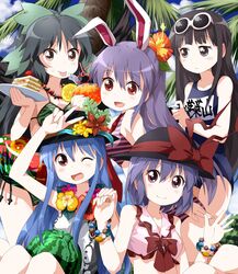  :d ;d animal_ears bikini black_eyes black_hair blue_hair bow bracelet breasts brown_eyes brown_hair bunny_ears cake crazy_straw flower food fork fruit glass hair_flower hair_ornament hair_ribbon hat hat_bow hinanawi_tenshi holding houraisan_kaguya innertube jewelry long_hair looking_at_viewer multiple_girls nagae_iku name_tag open_mouth palm_tree ponytail purple_hair rabbit_ears red_eyes reisen_udongein_inaba reiuji_utsuho ribbon school_swimsuit smile straw strawberry striped sunglasses sunglasses_on_head swimsuit tongue tongue_out touhou tray tree tropical_drink tsurukou_(tksymkw) v watermelon watermelon_beach_ball waving wink yellow_eyes 