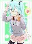  bespectacled black_legwear blue_eyes blue_hair bracelet casual glasses hatsune_miku headphones headphones_around_neck heart highres jewelry long_hair minipat osanpo_style project_diva project_diva_2nd salute skirt solo thigh-highs thighhighs twintails vocaloid wink zettai_ryouiki 