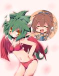  2girls arle_nadja bikini blush brown_eyes brown_hair closed_eyes draco_centauros dragonbead green_hair grin horns multiple_girls pointy_ears puyopuyo red_bikini short_hair smile spoon swimsuit tail wings 