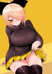  1girl alternate_costume black_legwear blonde_hair blush bow breasts come_hither hair_bow hair_over_one_eye han_(jackpot) kurodani_yamame large_breasts long_sleeves short_hair skirt skirt_lift smile solo sweater thighhighs touhou yellow_eyes 