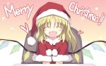  alternate_costume blonde_hair blush chair closed_eyes eyes_closed flandre_scarlet hat heart highres merry_christmas open_mouth santa_costume santa_hat satoukibi side_ponytail smile solo touhou wings 