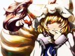  blonde_hair blurry dearmybrothers fox_tail hat light_particles lips looking_at_viewer multiple_tails smile solo tail touhou yakumo_ran yellow_eyes 