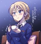  blonde_hair blue_eyes blush cup darjeeling e20 girls_und_panzer holding necktie pillow saucer short_hair smile snowing solo teacup translated translation_request trembling 