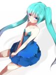  aqua_hair bare_shoulders blue_eyes blush collarbone colored_eyelashes dress flat_chest hatsune_miku long_hair looking_at_viewer simple_background sitting solo takeshima_(nia) twintails v_arms very_long_hair vocaloid white_background 
