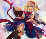  alice_margatroid blonde_hair blue_dress blue_eyes book boots bowtie capelet cross-laced_footwear dress floating_object hairband knees koumajou_densetsu koumajou_densetsu_2 lace-up_boots open_book outstretched_hand paddybird3 parted_lips ribbon short_hair solo touhou 