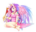  anklet bare_legs bare_shoulders barefoot bird bracelet dress feathered_wings full_body heart horn jewelry long_hair multicolored_hair my_little_pony my_little_pony_friendship_is_magic personification philomena phoenix pink_dress princess_mi_amore_cadenza purple_eyes rurutia8 shadow sitting tattoo tiara violet_eyes white_background wings 