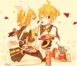  blonde_hair bow brown_eyes cake detached_sleeves doughnut egg feeding food fork grin hair_bow hair_ornament hairclip headphones heart heart_of_string icing kagamine_len kagamine_rin milk_carton pastry plate sailor_collar sannmiryou scale short_hair shorts sitting smile vocaloid wariza 