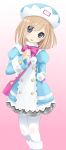  :p blonde_hair blue_eyes blush bow choujigen_game_neptune choujigen_game_neptune_mk2 hat highres ohjin pantyhose pom_pom_(clothes) ribbon rom_(choujigen_game_neptune) short_hair simple_background smile solo tongue white_legwear 