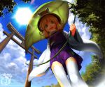  blonde_hair from_below green_eyes hair_ribbon hat highres leaf_umbrella looking_at_viewer looking_down moriya_suwako open_mouth pocketbee ribbon short_hair signature sky sleeves_past_wrists smile solo standing sun sunlight thigh-highs thighhighs torii touhou turtleneck watermark web_address white_legwear wide_sleeves zettai_ryouiki 