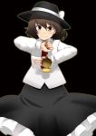  &gt;:) black_background bow brown_eyes brown_hair chain chains hat hat_bow hota necktie short_hair simple_background skirt solo stopwatch touhou usami_renko watch 