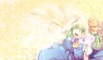  :d ^_^ ascot blush closed_eyes daiyousei dress eyes_closed flower green_hair hair_ribbon holding holding_flower kaiza_(rider000) open_mouth ribbon side_ponytail smile solo touhou wings 
