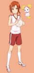  ball blush brown_eyes brown_hair candy_(smile_precure!) gym_shorts gym_uniform hino_akane holding kneehighs ponytail precure purea shoes shorts simple_background smile smile_precure! sneakers solo white_legwear 
